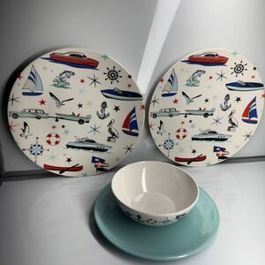 Camp Casual Melamine Nautical Plates Bowl Set Seaside Boat Anchor Sailboat‎ 4